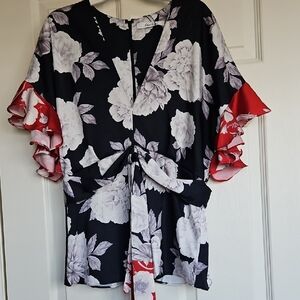 Floral Kimono Sleeve Top with Tie Front